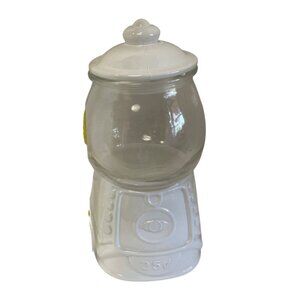 Ceramic  Glass Gumball Machine Style Candy Jar White With Lid 8" Tall
